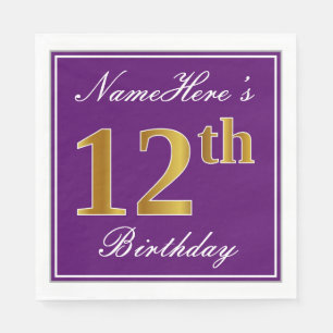 Elegant Purple, Faux Gold 12th Birthday + Name Napkin
