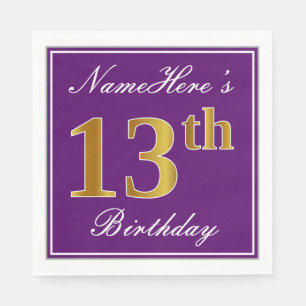 Elegant Purple, Faux Gold 13th Birthday + Name Napkin