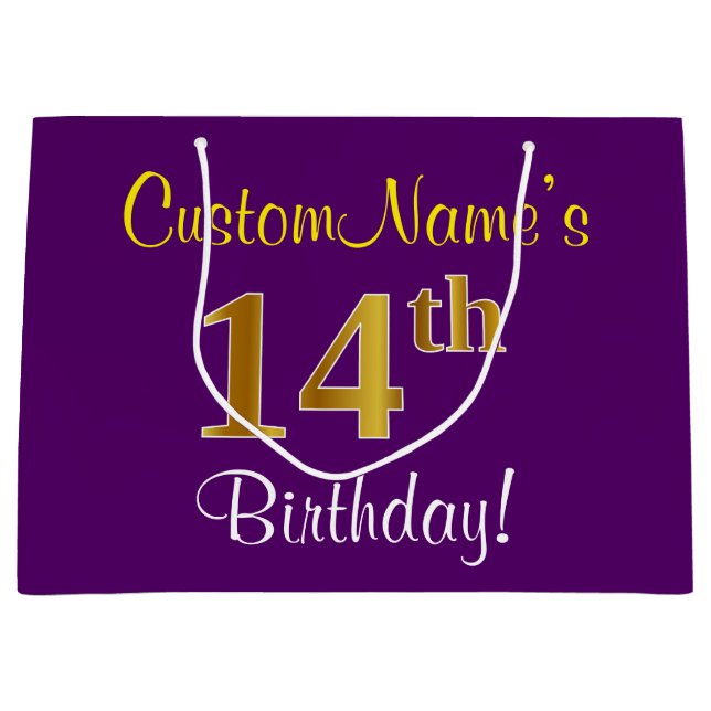 Elegant, Purple, Faux Gold 14th Birthday + Name Large Gift Bag (Front)