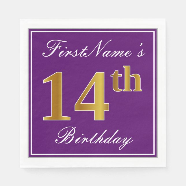 Elegant Purple, Faux Gold 14th Birthday + Name Napkin (Front)