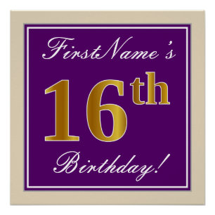 Elegant, Purple, Faux Gold 16th Birthday + Name Poster