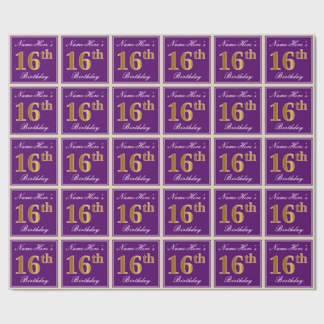 Elegant, Purple, Faux Gold 16th Birthday + Name Wrapping Paper (Flat)