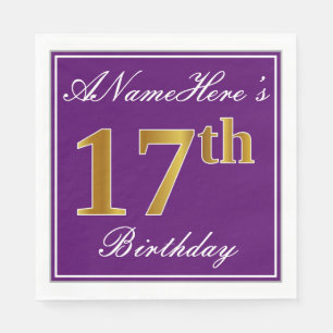 Elegant Purple, Faux Gold 17th Birthday + Name Napkin