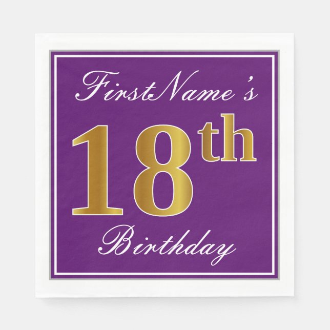 Elegant Purple, Faux Gold 18th Birthday + Name Napkin (Front)