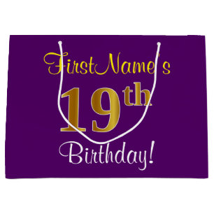 Elegant, Purple, Faux Gold 19th Birthday + Name Large Gift Bag