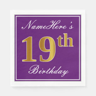 Elegant Purple, Faux Gold 19th Birthday + Name Napkin