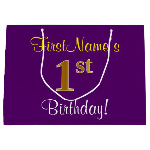 Elegant, Purple, Faux Gold 1st Birthday + Name Large Gift Bag