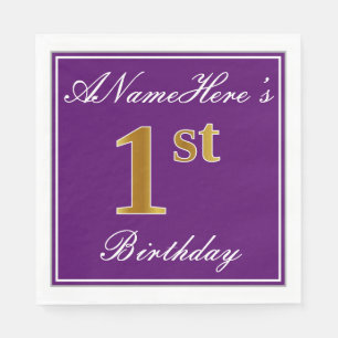 Elegant Purple, Faux Gold 1st Birthday + Name Napkin