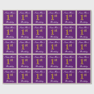 Elegant, Purple, Faux Gold 1st Birthday + Name Wrapping Paper