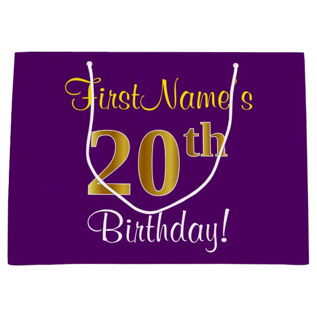 Elegant, Purple, Faux Gold 20th Birthday + Name Large Gift Bag (Front)