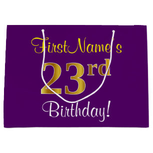 Elegant, Purple, Faux Gold 23rd Birthday + Name Large Gift Bag