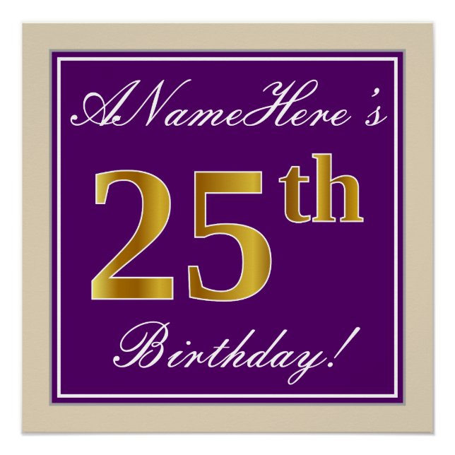 Elegant, Purple, Faux Gold 25th Birthday + Name Poster (Front)