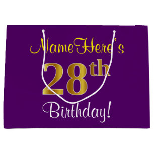 Elegant, Purple, Faux Gold 28th Birthday + Name Large Gift Bag