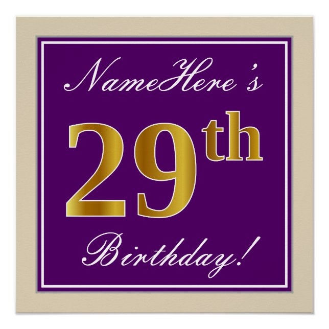 Elegant, Purple, Faux Gold 29th Birthday + Name Poster (Front)