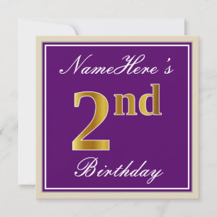Elegant, Purple, Faux Gold 2nd Birthday + Name Invitation