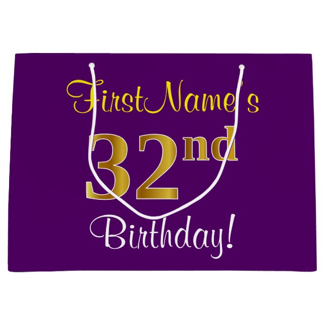 Elegant, Purple, Faux Gold 32nd Birthday + Name Large Gift Bag (Front)