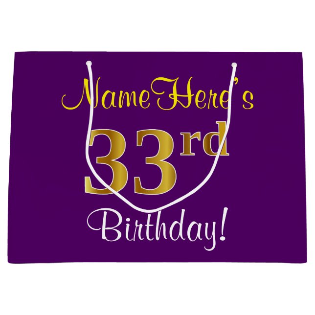 Elegant, Purple, Faux Gold 33rd Birthday + Name Large Gift Bag (Front)
