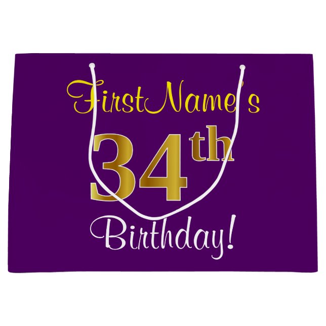 Elegant, Purple, Faux Gold 34th Birthday + Name Large Gift Bag (Front)