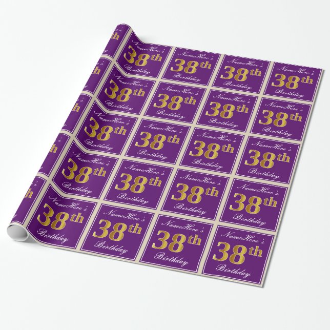 Elegant, Purple, Faux Gold 38th Birthday + Name Wrapping Paper (Unrolled)
