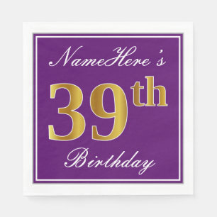 Elegant Purple, Faux Gold 39th Birthday + Name Napkin