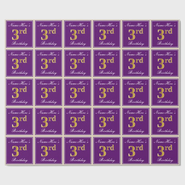Elegant, Purple, Faux Gold 3rd Birthday + Name Wrapping Paper (Flat)