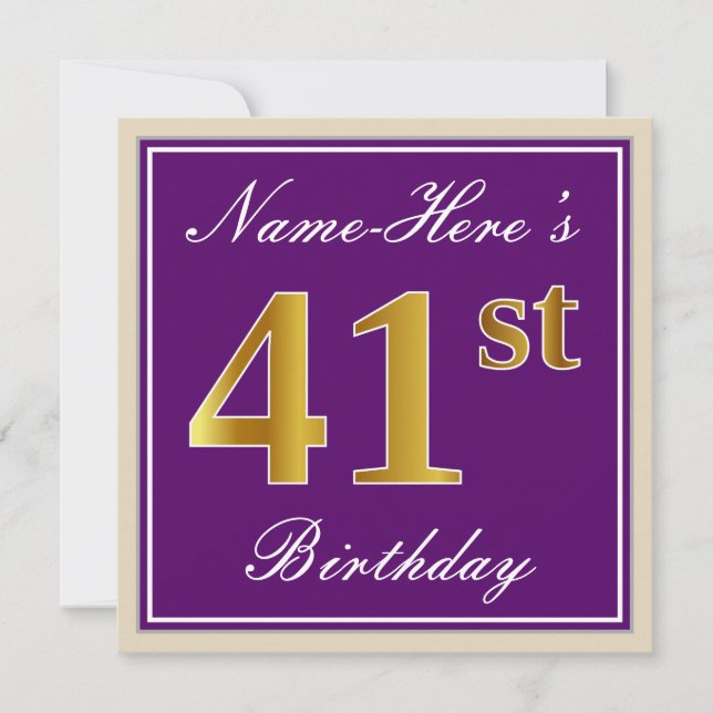 Elegant, Purple, Faux Gold 41st Birthday + Name Invitation (Front)