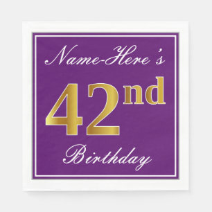 Elegant Purple, Faux Gold 42nd Birthday + Name Napkin