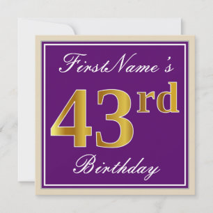 Elegant, Purple, Faux Gold 43rd Birthday + Name Invitation
