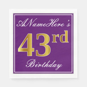 Elegant Purple, Faux Gold 43rd Birthday + Name Napkin