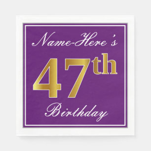 Elegant Purple, Faux Gold 47th Birthday + Name Napkin