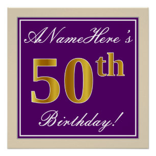 Elegant, Purple, Faux Gold 50th Birthday + Name Poster