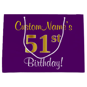 Elegant, Purple, Faux Gold 51st Birthday + Name Large Gift Bag