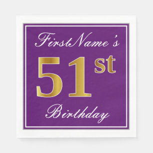Elegant Purple, Faux Gold 51st Birthday + Name Napkin