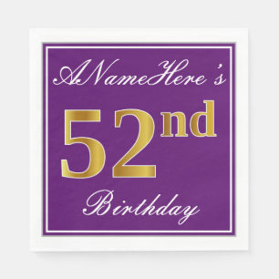 Elegant Purple, Faux Gold 52nd Birthday + Name Napkin