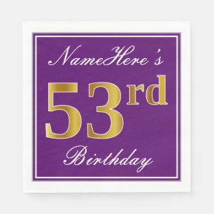 Elegant Purple, Faux Gold 53rd Birthday + Name Napkin