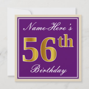Elegant, Purple, Faux Gold 56th Birthday + Name Invitation