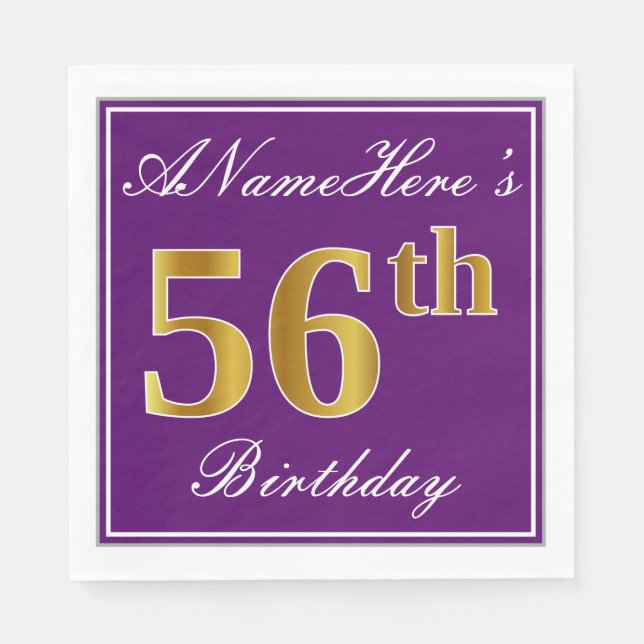 Elegant Purple, Faux Gold 56th Birthday + Name Napkin (Front)