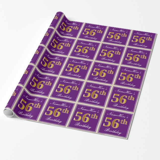 Elegant, Purple, Faux Gold 56th Birthday + Name Wrapping Paper (Unrolled)