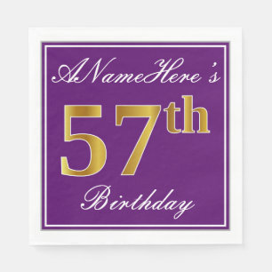 Elegant Purple, Faux Gold 57th Birthday + Name Napkin