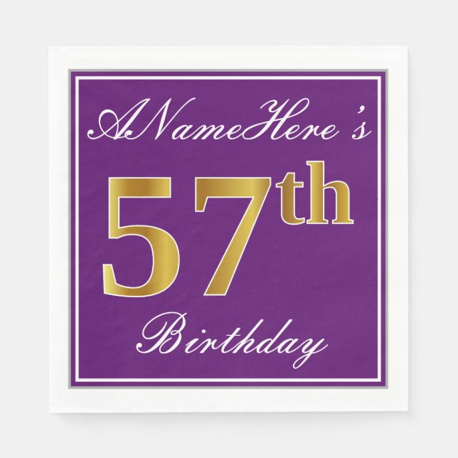 Elegant Purple, Faux Gold 57th Birthday + Name Napkin (Front)
