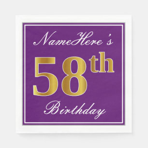 Elegant Purple, Faux Gold 58th Birthday + Name Napkin