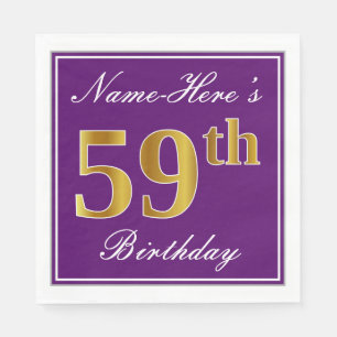 Elegant Purple, Faux Gold 59th Birthday + Name Napkin