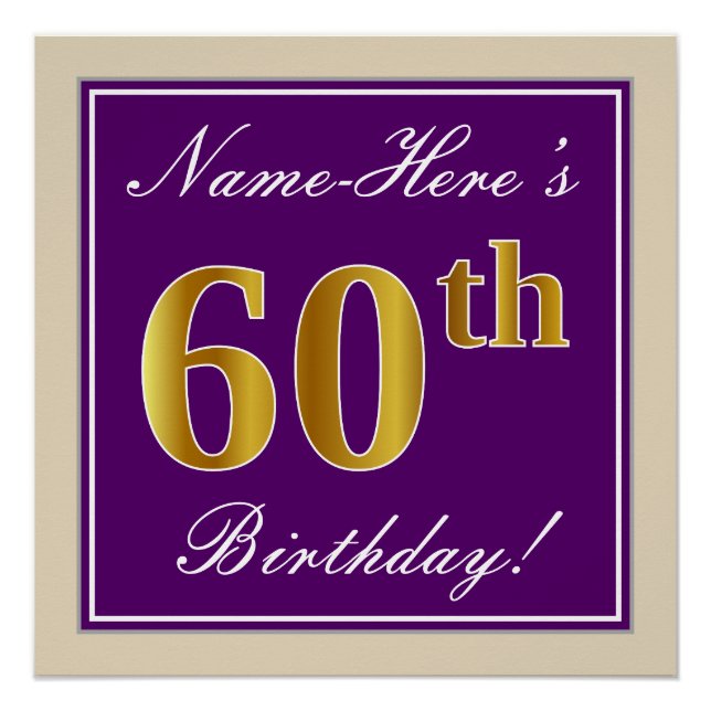 Elegant, Purple, Faux Gold 60th Birthday + Name Poster (Front)