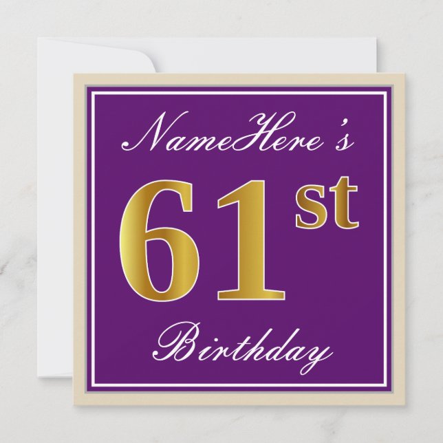 Elegant, Purple, Faux Gold 61st Birthday + Name Invitation (Front)