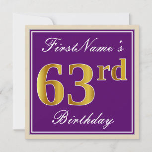 Elegant, Purple, Faux Gold 63rd Birthday + Name Invitation