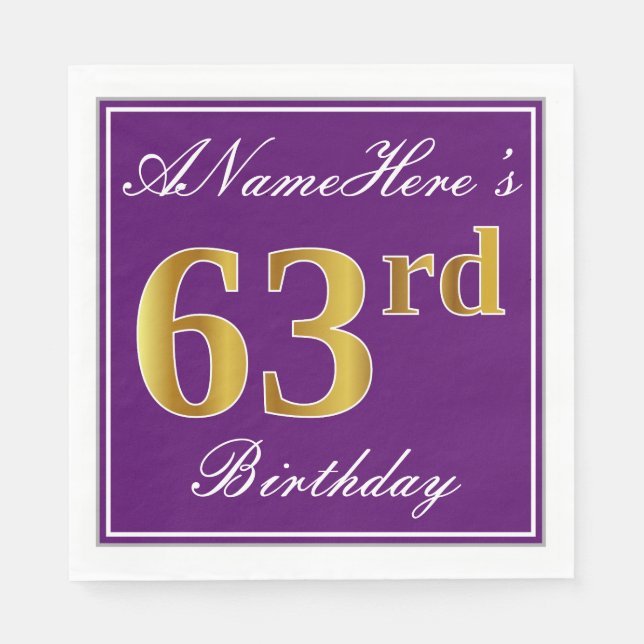 Elegant Purple, Faux Gold 63rd Birthday + Name Napkin (Front)