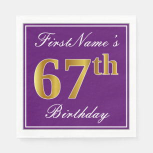 Elegant Purple, Faux Gold 67th Birthday + Name Napkin
