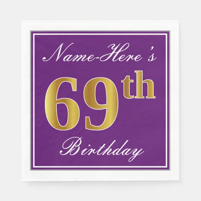 Elegant Purple, Faux Gold 69th Birthday + Name Napkin (Front)