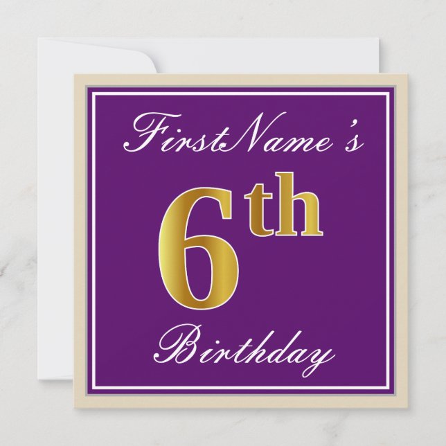 Elegant, Purple, Faux Gold 6th Birthday + Name Invitation (Front)