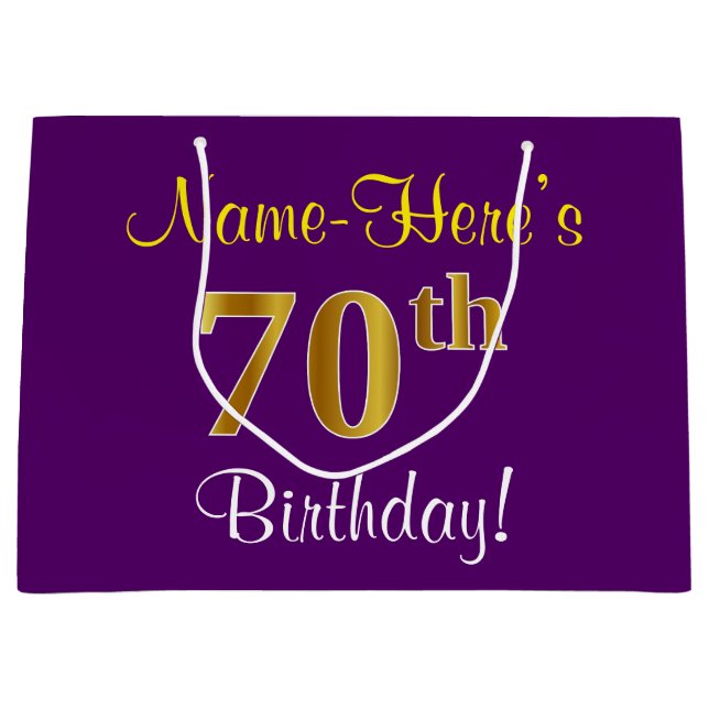 Elegant, Purple, Faux Gold 70th Birthday + Name Large Gift Bag (Front)